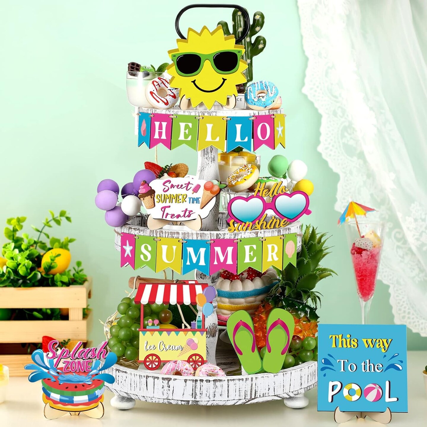 22 Pcs Summer Tiered Tray Decor Set Summer Home Decor Hello Summer Tiered Tray Decorations Hawaii Tier Tray Decor Mini Beach Wood Sign Summer Decorations for Home Table Kitchen Shelf Decor