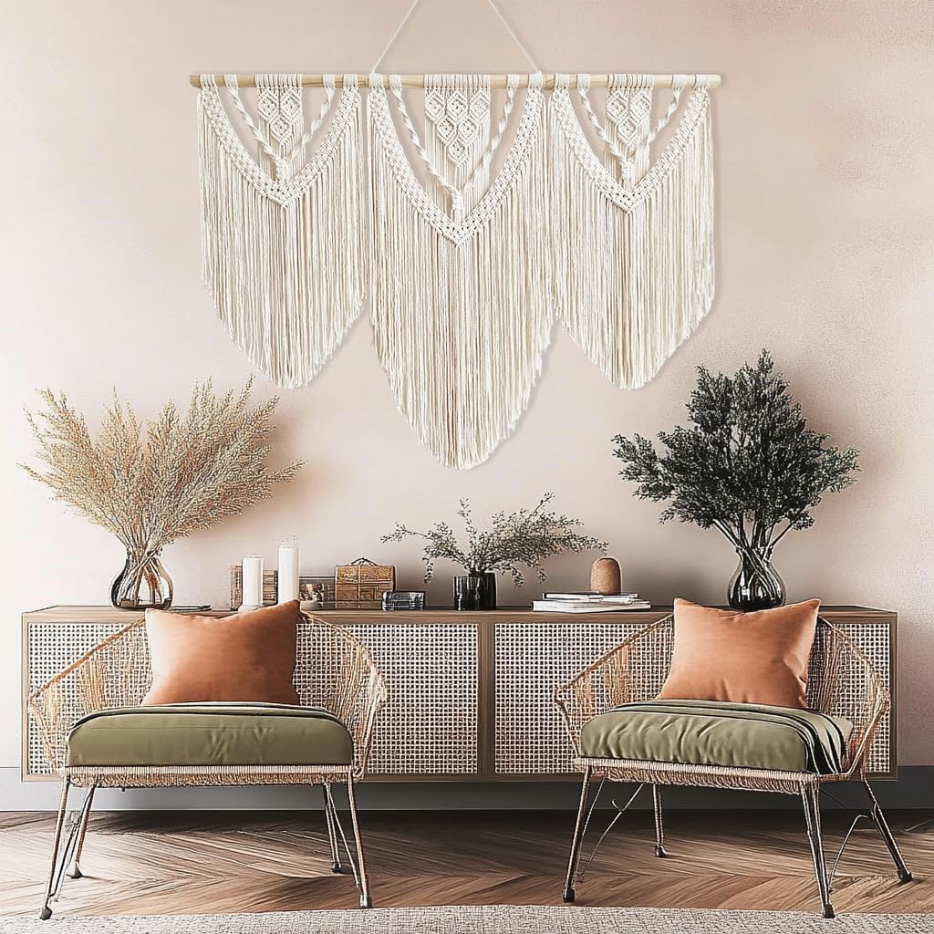 Large Handmade Boho Macrame Wall Hanging Tapestry Chic Bohemian Woven Wall Art for Living Room, Bedroom, or Wedding Party Decor (Beige, Twelve Rhombus Design)