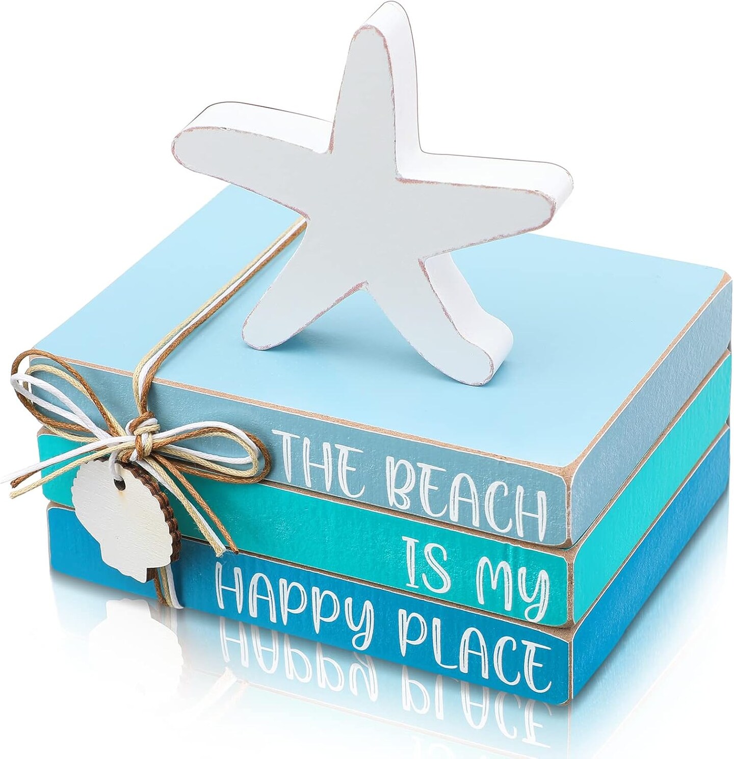 4 Pcs Starfish Shell Beach Tabletop Beach Blue Wooden Book Decor Wood Stacked Book Table Centerpiece for Summer Rustic Farmhouse Home Living Room Decorative(Starfish Shell)