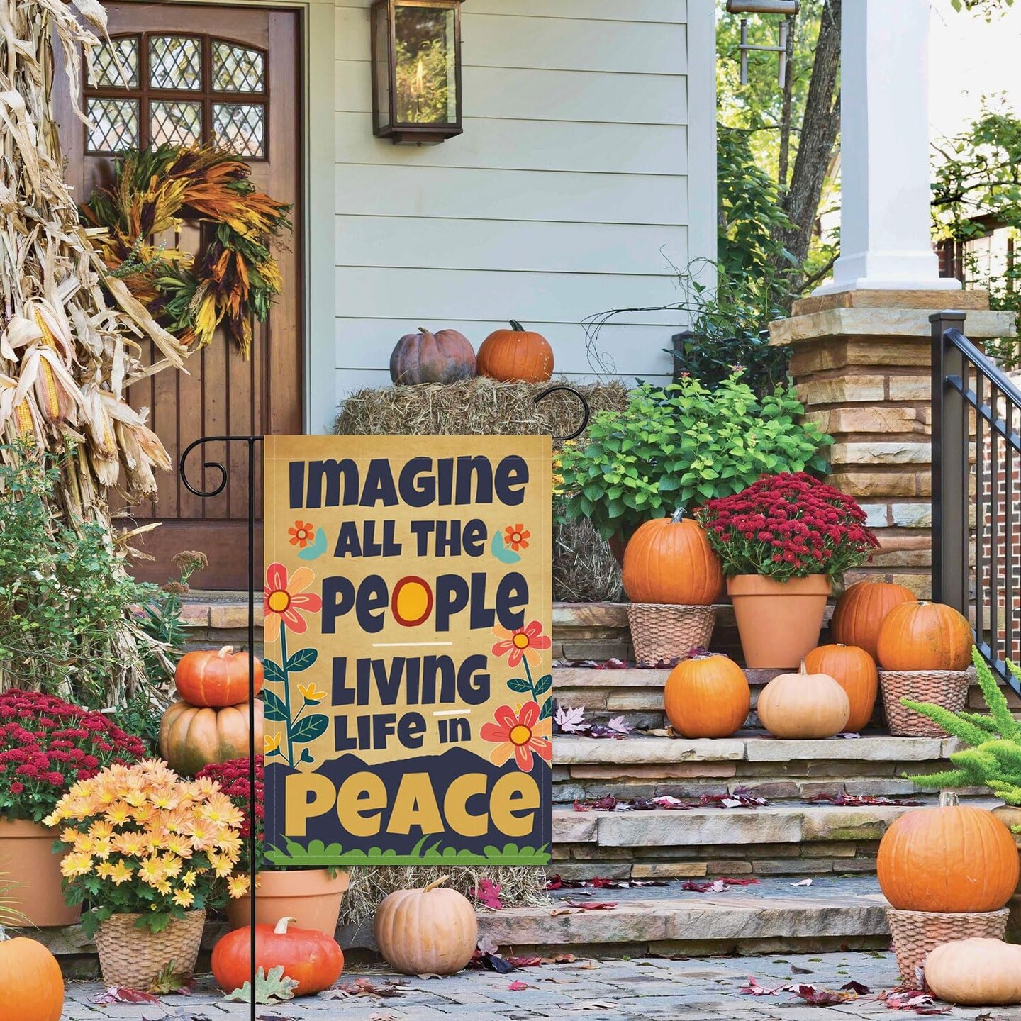 Garden Flag Imagine All the People Living Life in Peace Spring Summer Autumn Flag Double Sided Polyester Vertical Colorful Garden Yard Flags Outside Decor