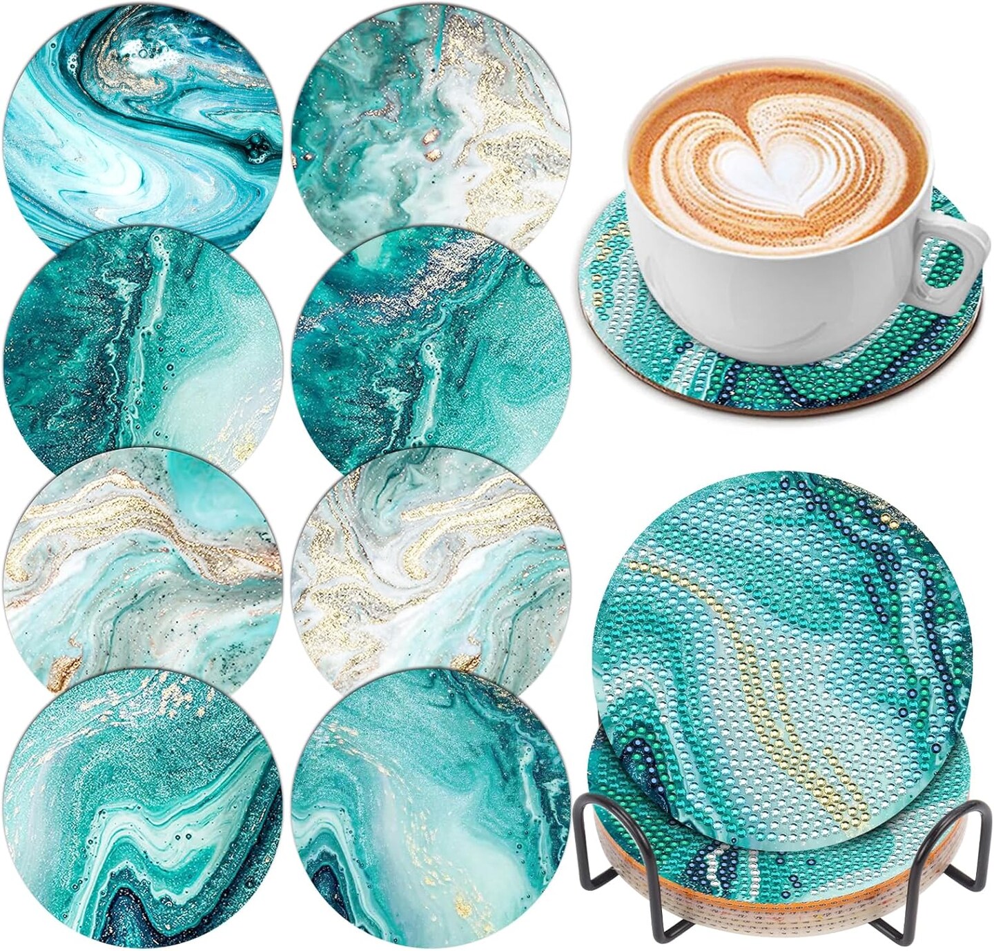 8-Piece Ocean Diamond Painting Coaster Set with Holder – DIY Crystal Art Coasters for Adults, Beginners, Women – Diamond Painting Craft Kit for Home & Gifts