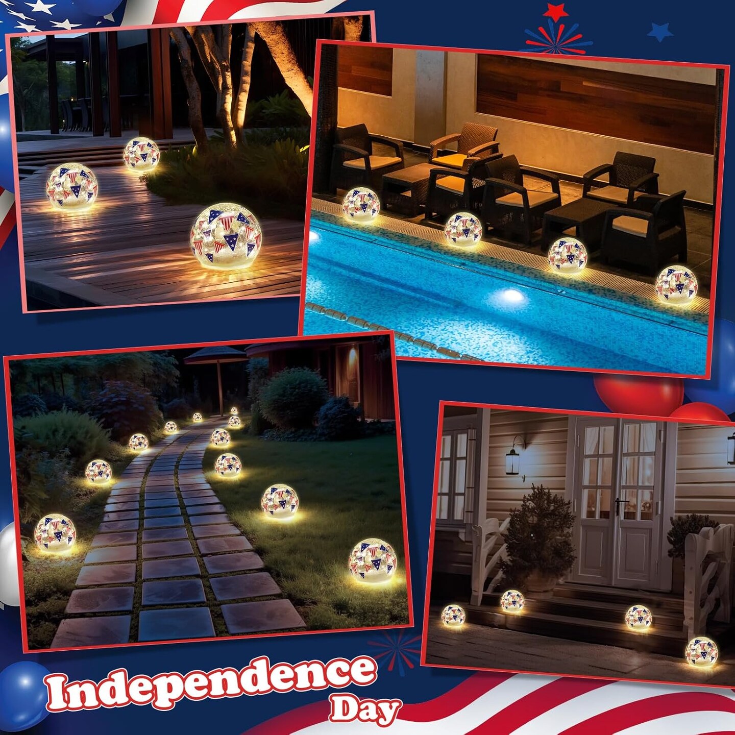 Independence Day -Crackle Glass Night Light Waterproof Battery Operated Glass Globe Ball Lamp