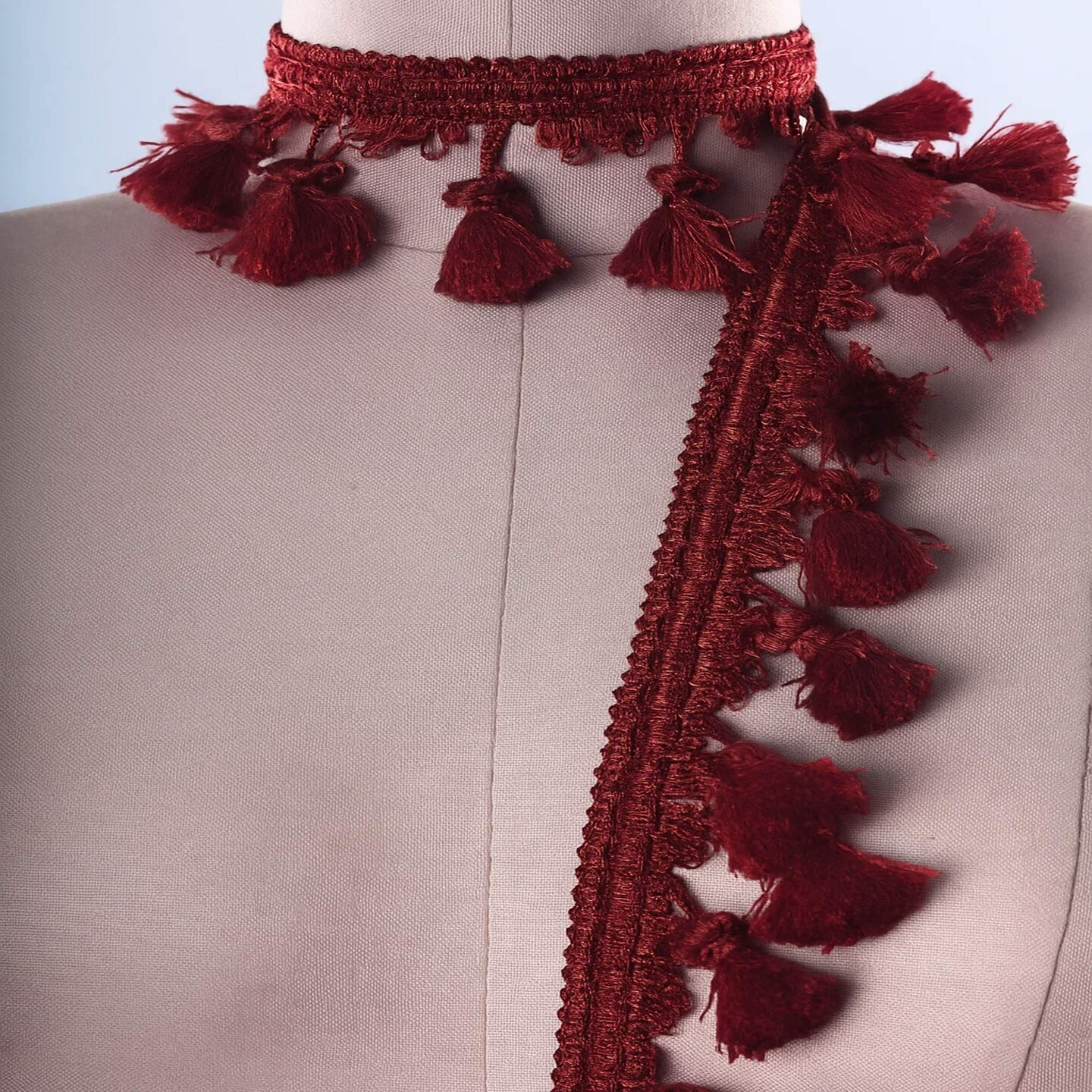 1 Yard Burgundy Braided Gimp Trim with Tassel Fringe for Upholstery and Curtains