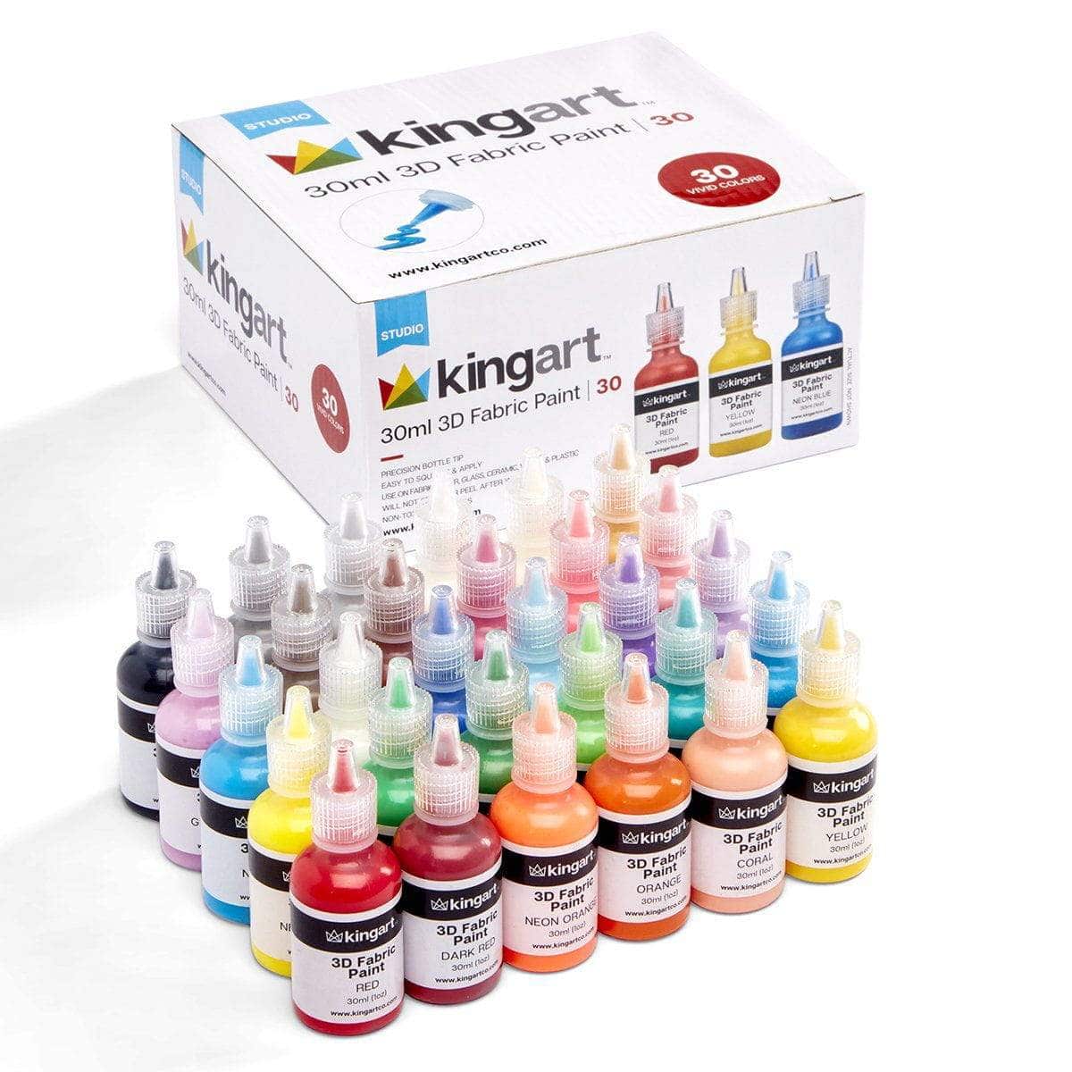 KINGART&#xAE; Permanent 3-D Fabric Paint, Set of 30 Colors, 30ml Bottles, Washer &#x26; Dryer Safe, Textile Paint for Clothes, T-Shirts, Jeans, Bags, Shoes, Art and Craft Supplies for DIY Projects