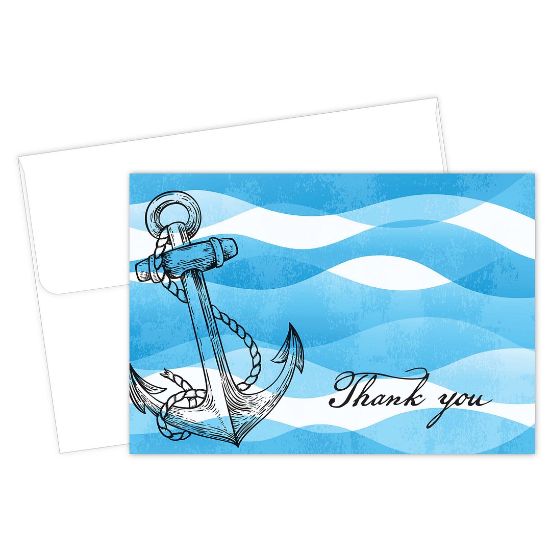 Great Papers! Ocean Nautical Anchor Thank You Note Card and White Envelope, 4.875" x 3.375", 24 count