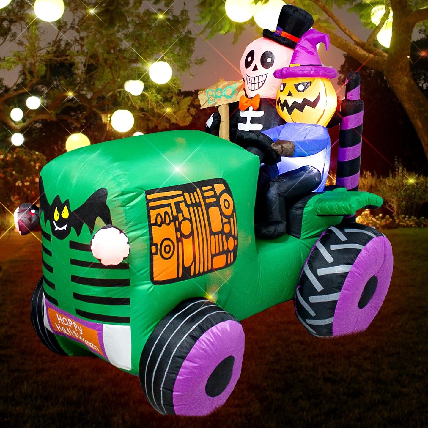 5.5Ft Long Halloween Inflatable Ghost Tractor LED Lights Decor Outdoor Indoor Holiday Decorations Halloween Blow up Car Lighted Yard Decor, Giant Lawn Inflatable Home Garden Party Decoration
