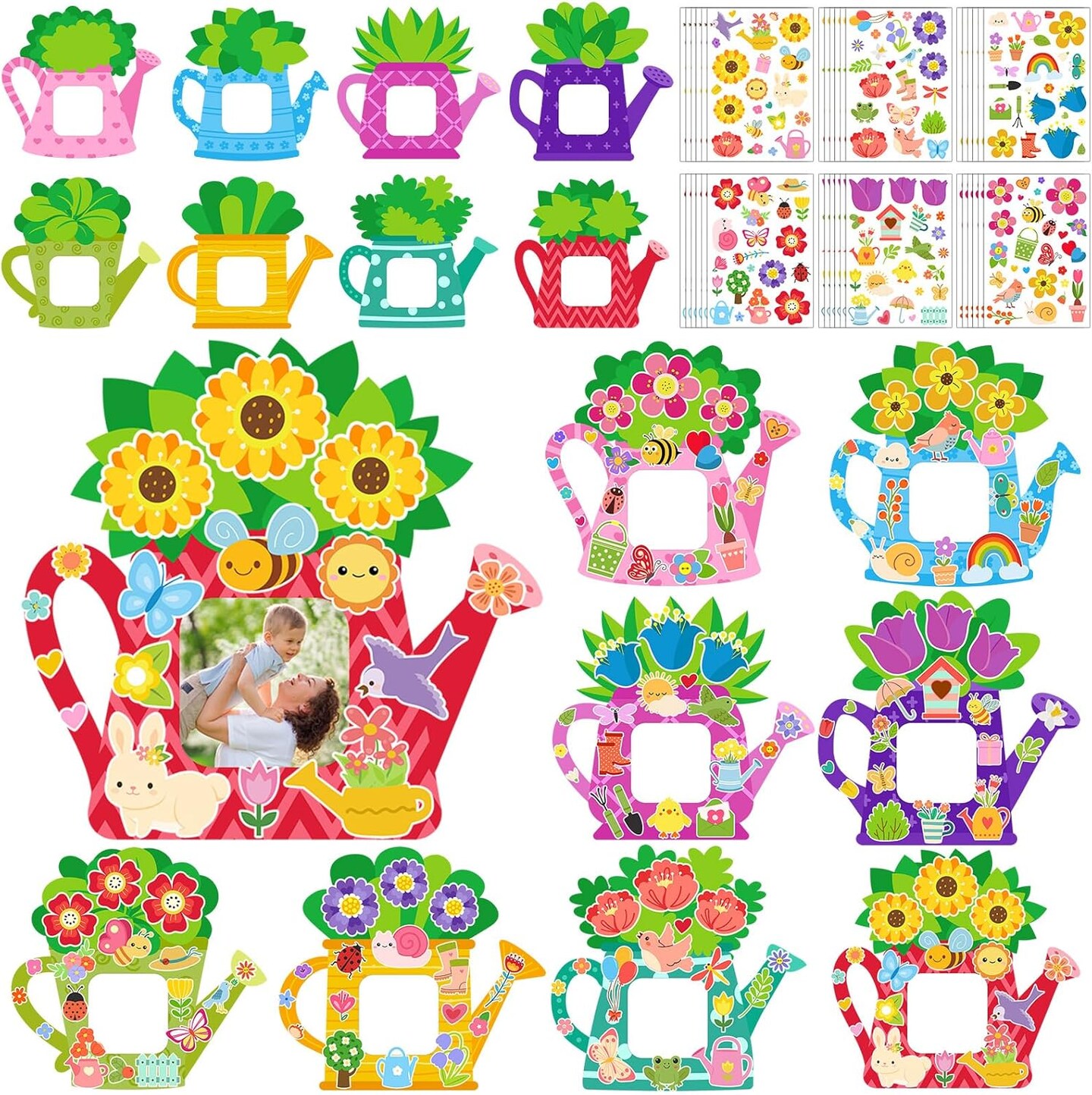 Spring Watering Can Picture Frame Crafts DIY Teapot Keepsake Picture Frame Craft Activity Gifts with Stickers for Spring Mother's Day Party Home Activities