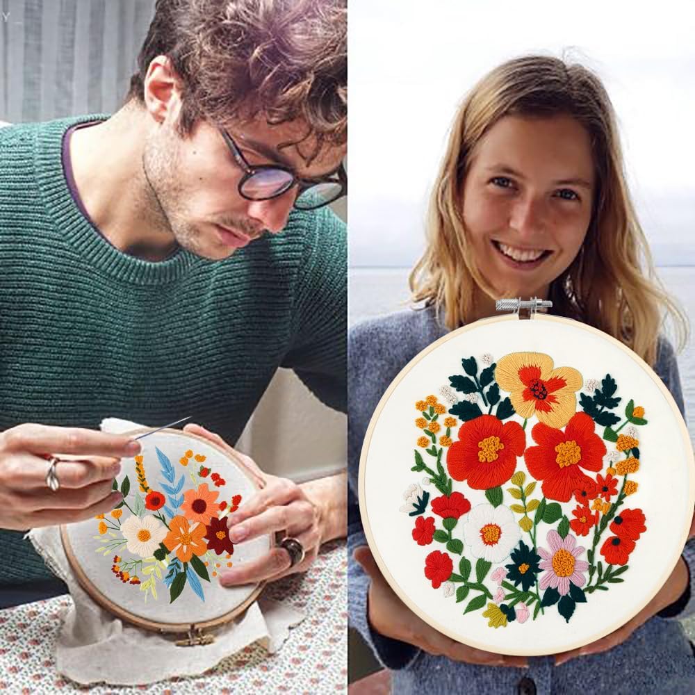 4 Sets Embroidery Kit for Beginners – Easy Stamped Floral Pattern Needlepoint Kit with Bamboo Hoops, Needles & Fabric, DIY Hand Embroidery Craft for Home Decor (Flower-4)