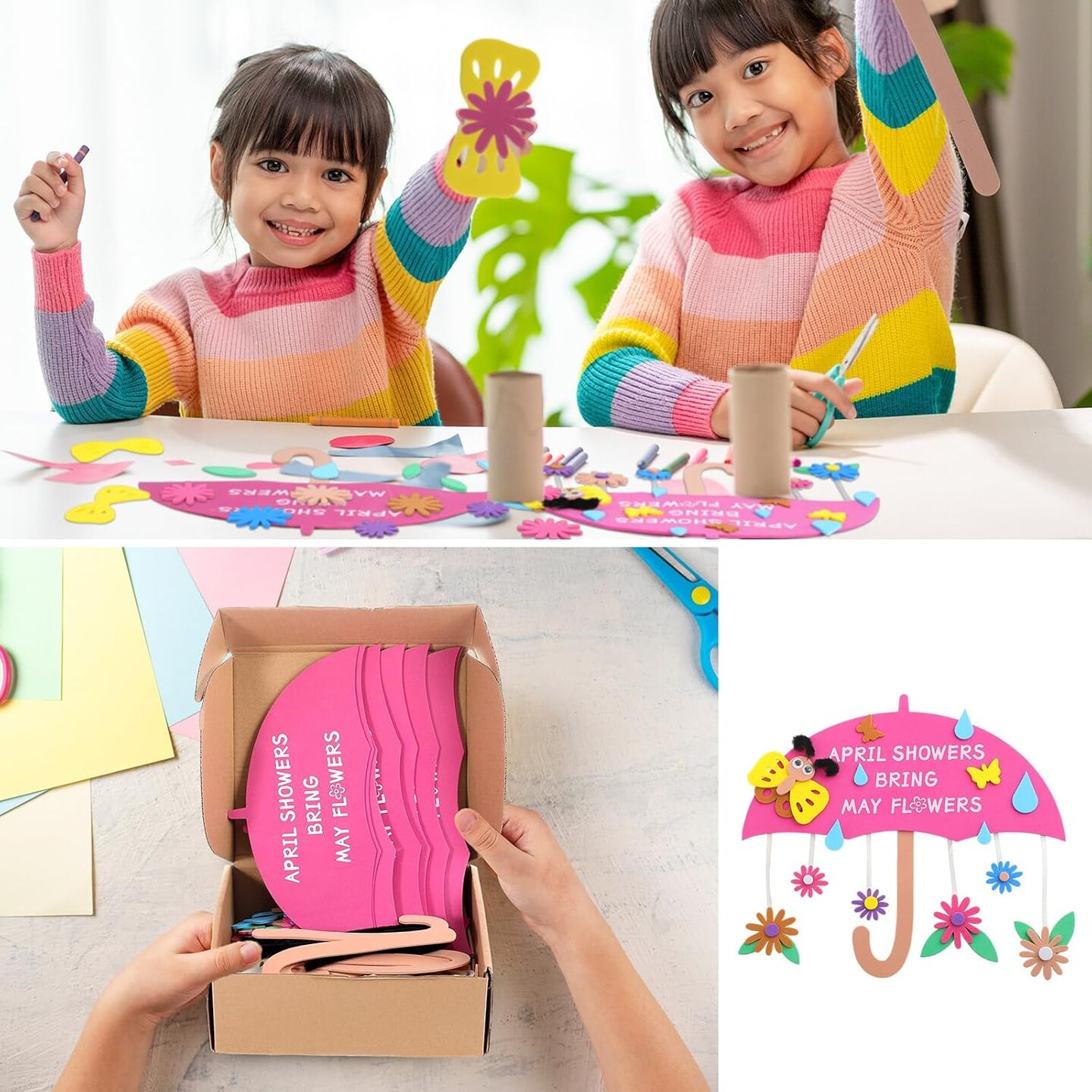12 Set Spring April Showers Bring May Flowers Craft April Showers Sign Craft Kit Spring Rain Sign DIY Arts Spring Foam Stickers for Kids Boys Girls Party Favor