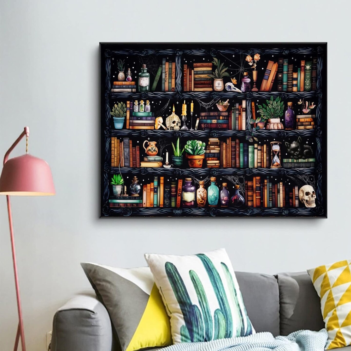 Bookshelf Paint by Numbers for Adults,Goth Skull Paint by Numbers for Adults Beginner,Magical Book Vintage Botanical Paint by Numbers on Canvas for Home Wall Decor 16X20 Inch