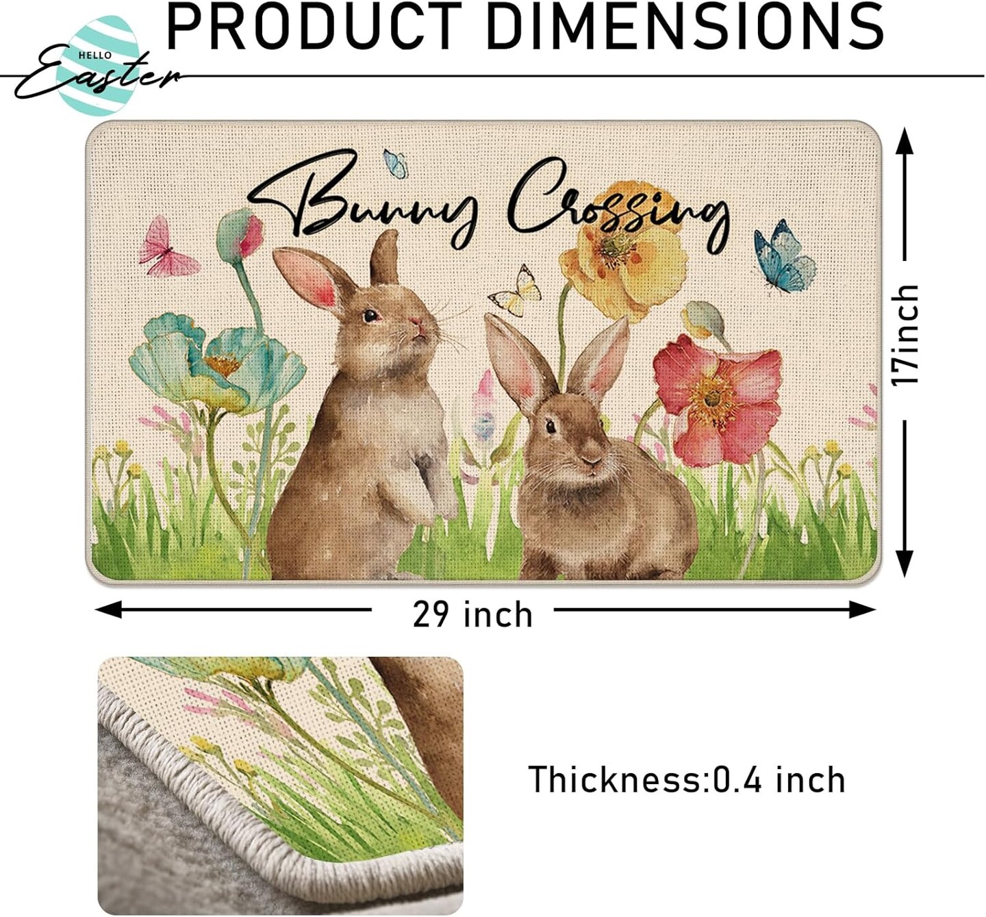 Easter Bunny Crossing Decorative Front Door Mat, Rabbit Poppy Flowers Floral Doormat Indoor Outdoor Non-Slip Floor Entryway Rug, Butterfly Spring Holiday Home Kitchen Decoration 17x29 Inch
