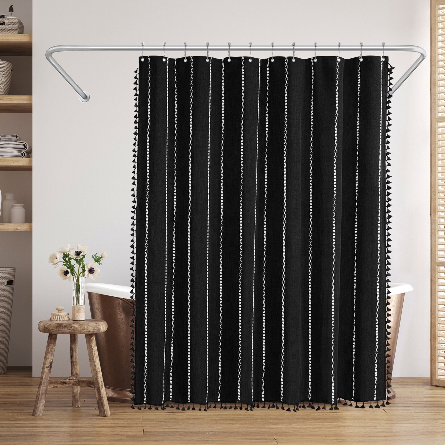 Americanflat 71x71 Woven Linen Shower Curtain with Tassel Accents - Includes 12 Grommets and Hooks - 100% Polyester