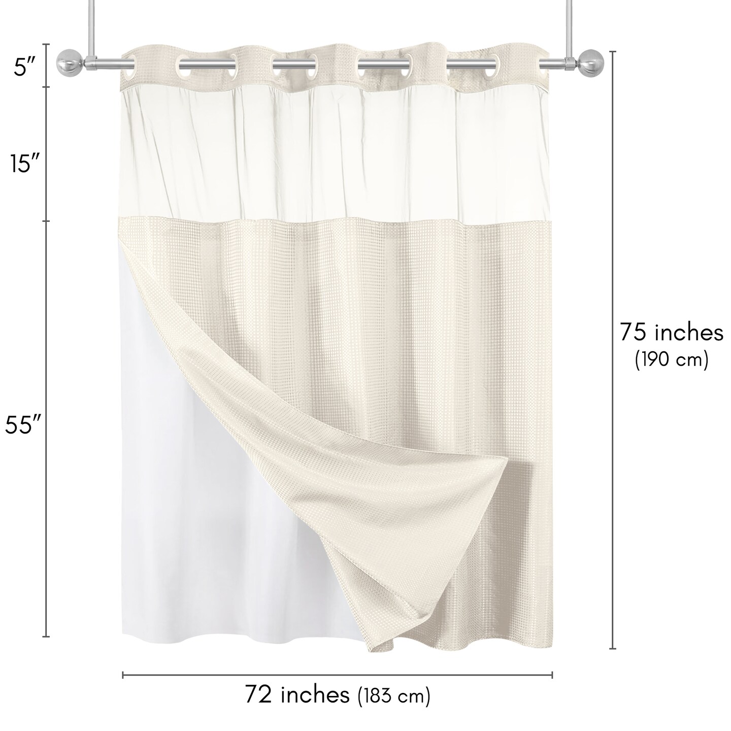 Americanflat 72x75 Hookless Waffle Pattern Shower Curtain - Water-Resistant Long Shower Curtain with Sheer Panel, Snap-In Liner, and Grommets