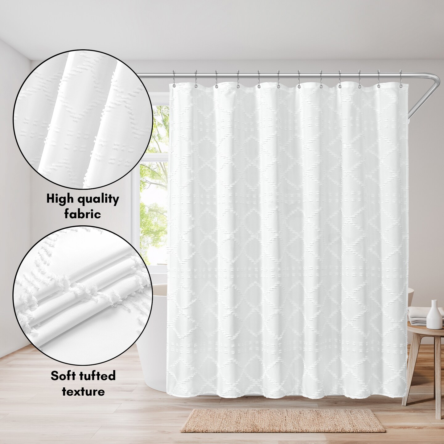 Americanflat 71x71 White Woven Shower Curtain with Tassel And Accents - Includes 12 Grommets and Hooks - 100% Polyester