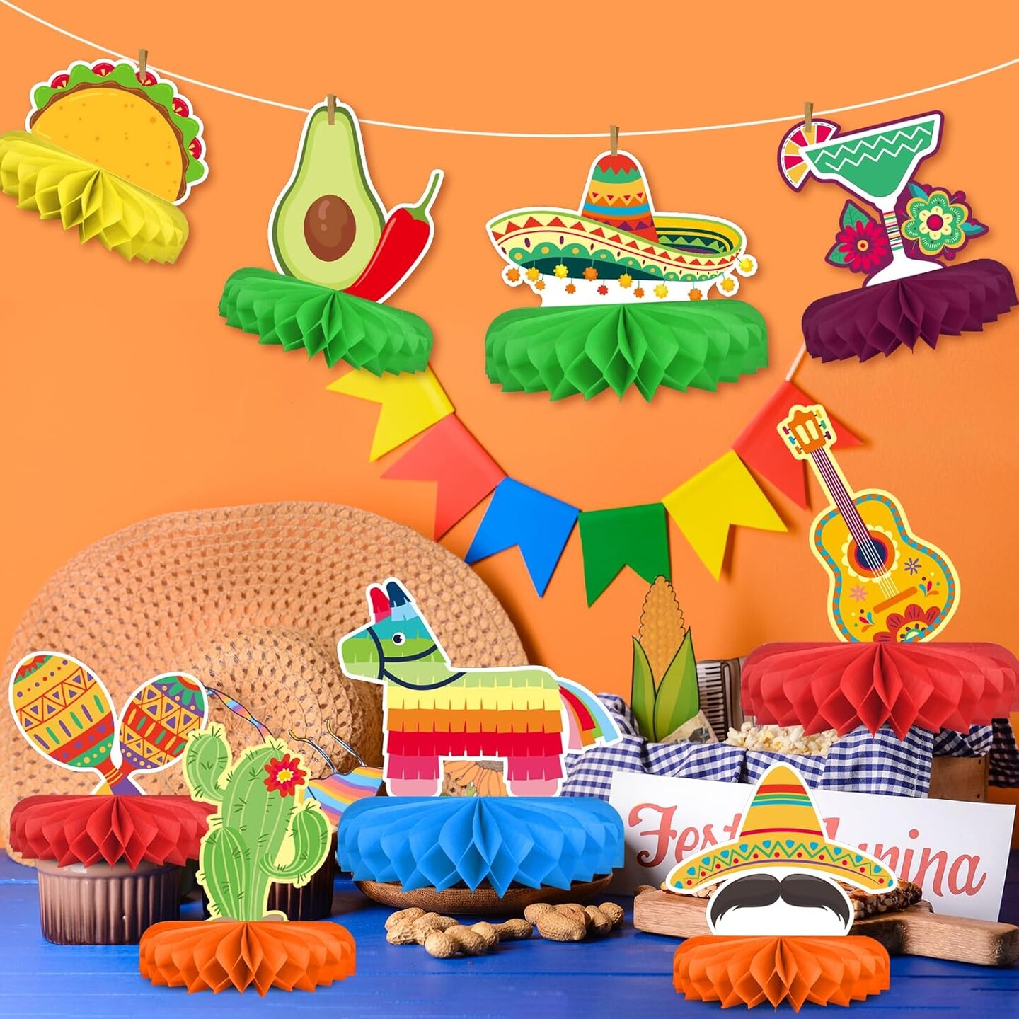 Fiesta Party Decorations - Authentic Mexican Themed Honeycomb Centerpiece for Cinco De Mayo, Taco Parties, Birthdays &#x26; Day of the Dead Celebrations