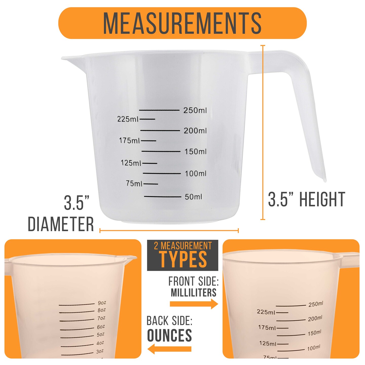 U.S. Kitchen Supply&#xAE; - 8 oz (250 ml) Plastic Graduated Measuring Cups with Pitcher Handles (Pack of 6), 1 Cup Capacity, Ounce, ML Markings, Measure Mix