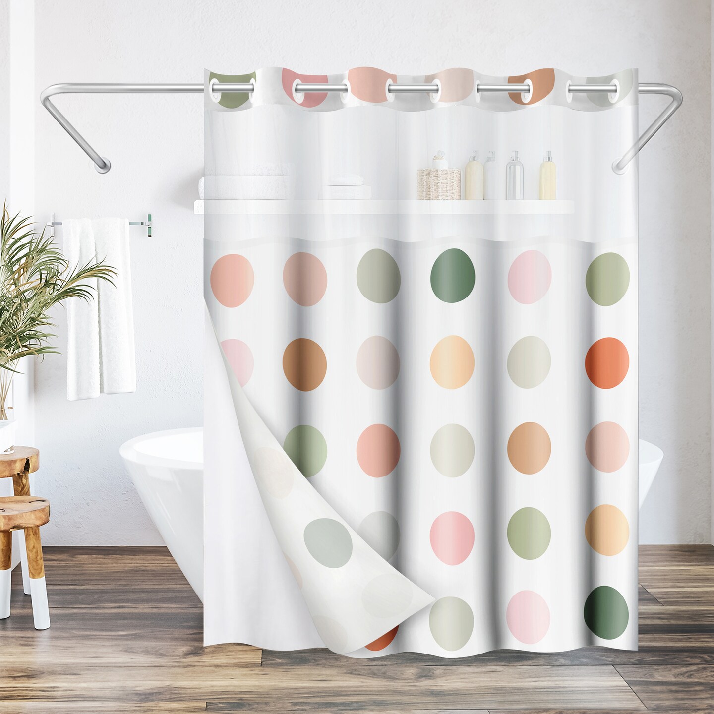 Americanflat 72x75 Hookless Shower Curtain - Polka Dot Green Orange Pink Shower Curtain with Sheer Panel, Snap-In Liner, and Grommets