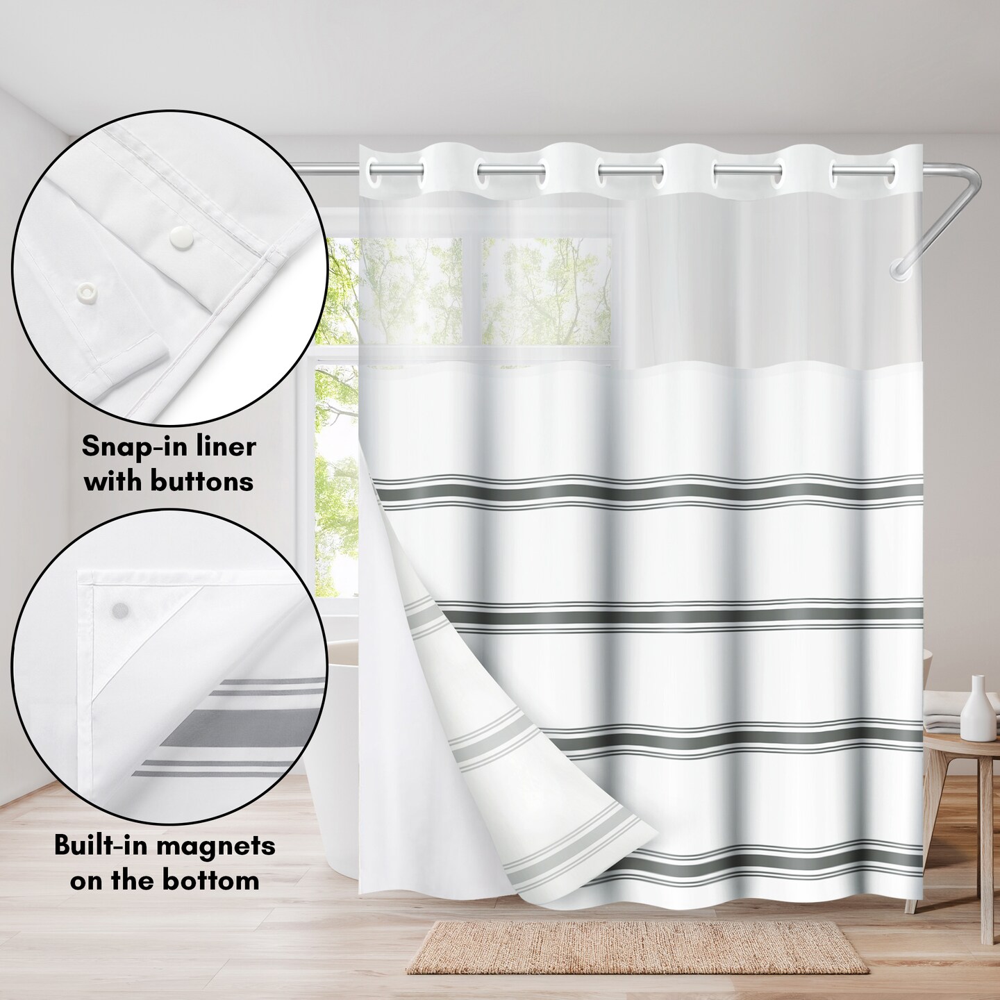 Americanflat 72x75 Hookless Shower Curtain - Water-Resistant Shower Curtain with Sheer Panel, Snap-In Liner, and Grommets - 100% Polyester