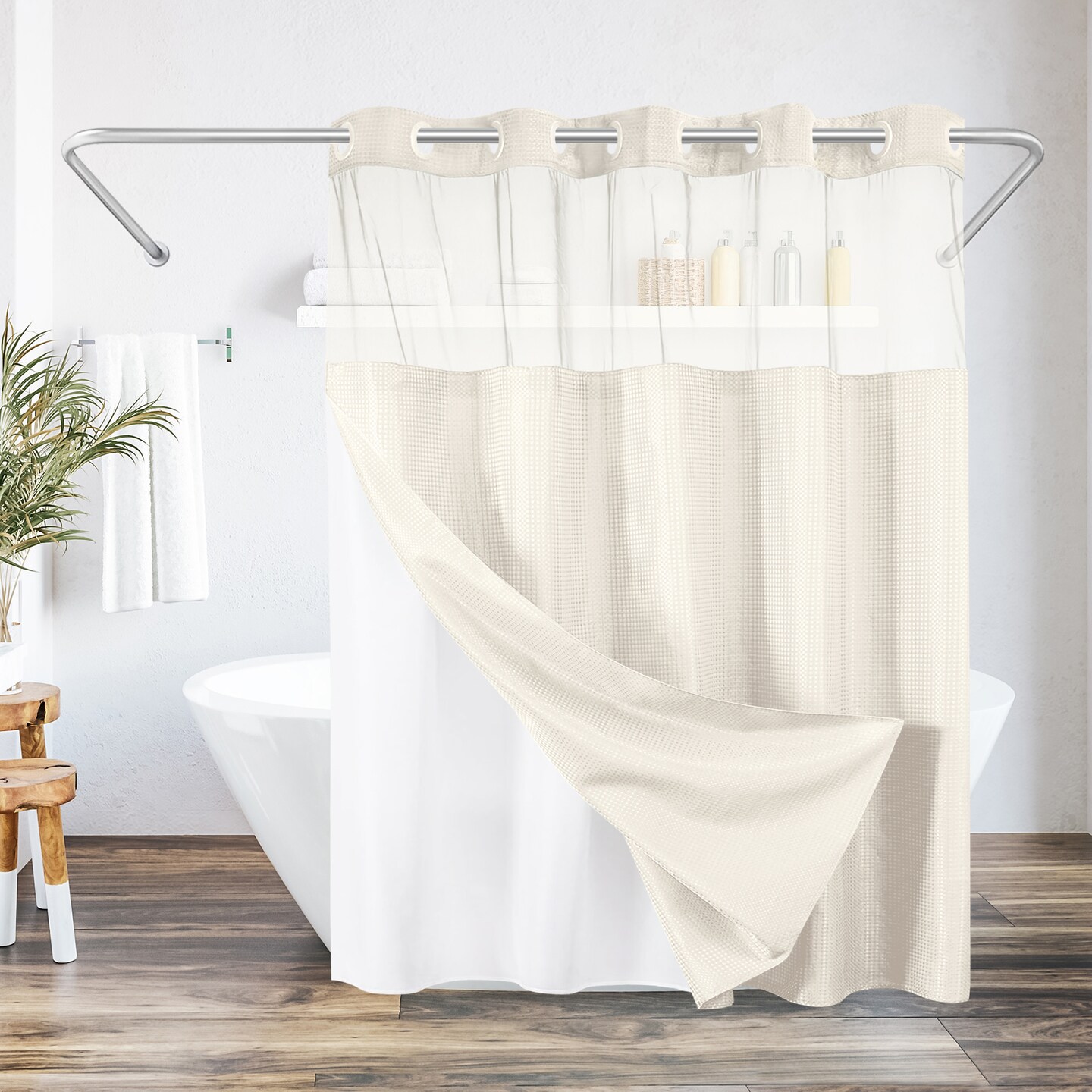 Americanflat 72x75 Hookless Waffle Pattern Shower Curtain - Water-Resistant Long Shower Curtain with Sheer Panel, Snap-In Liner, and Grommets