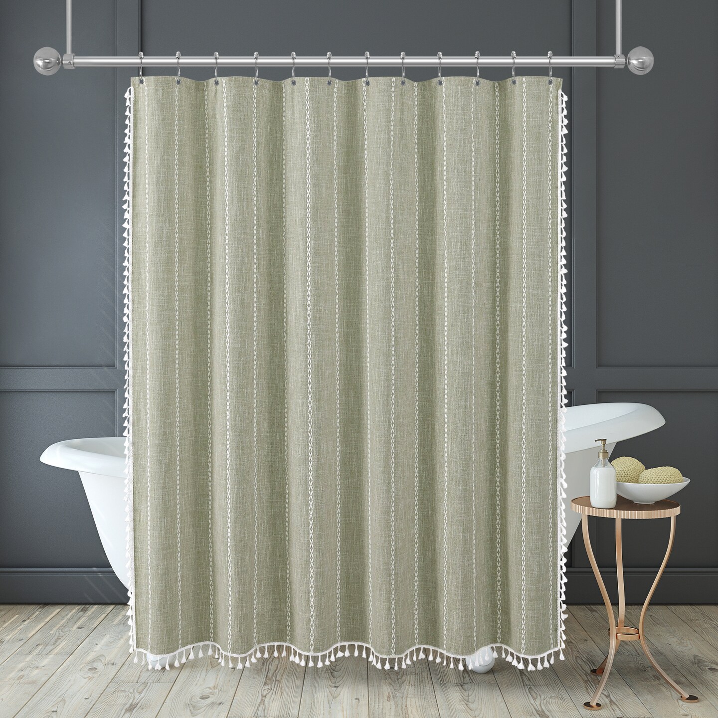 Americanflat 71x71 Woven Linen Shower Curtain with Tassel Accents - Includes 12 Grommets and Hooks - 100% Polyester
