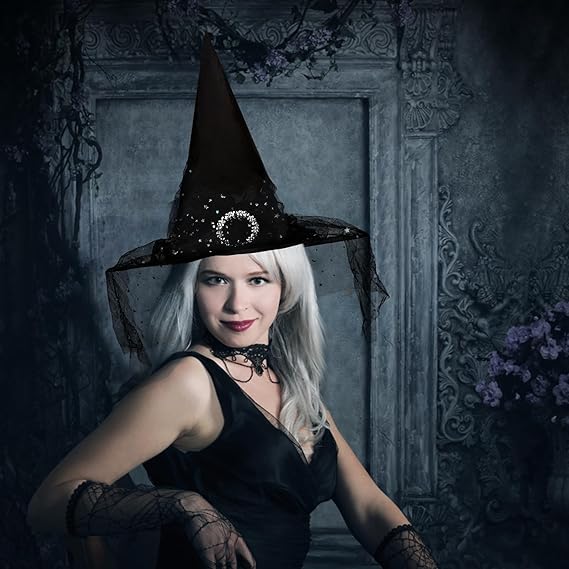 Witch Hats for Women, Adult Witch Vampire Halloween Costumes Accessories Black/Purple/Orange Foldable Lace Veils Hats for Cosplay Party
