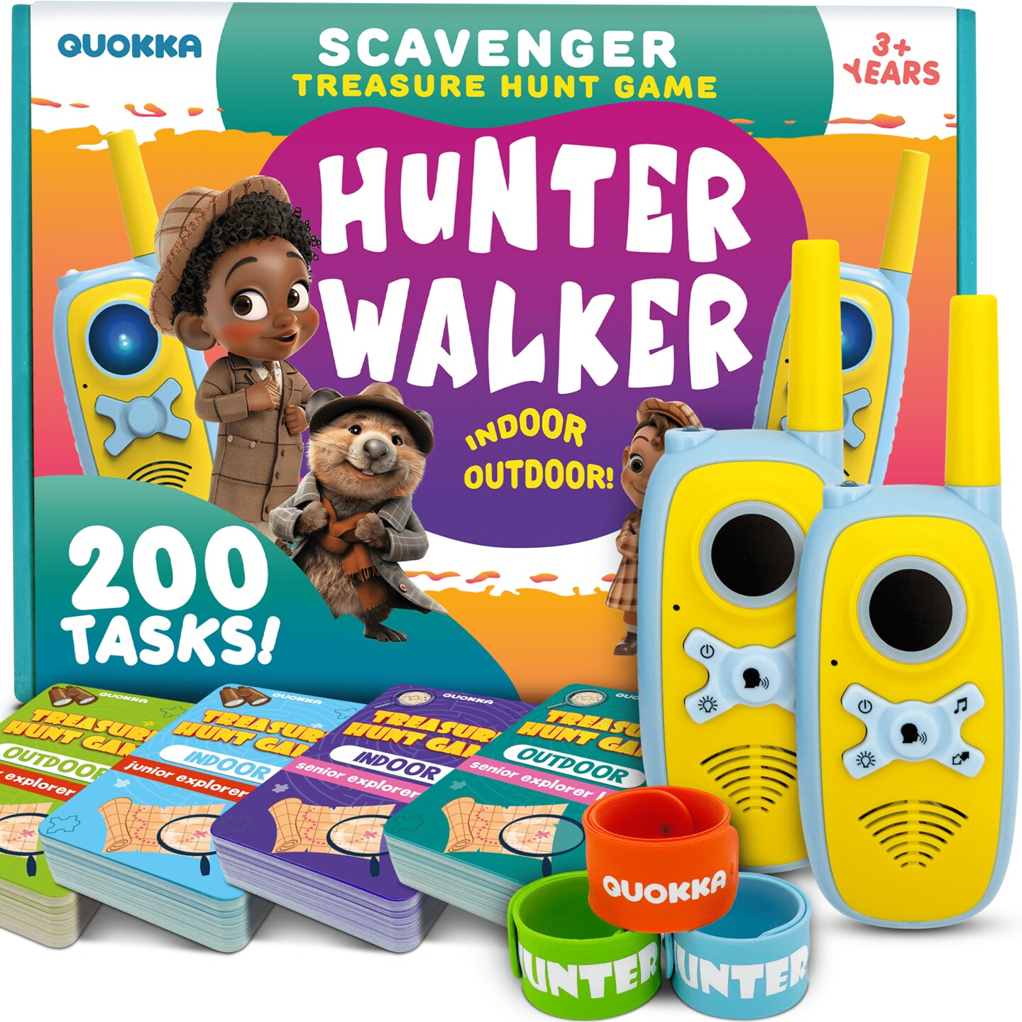 QUOKKA Scavenger Hunt for Kids Ages 4-8 - Treasure Hunting Outdoor Games for Kids 8-12 - 2 Walkie Talkies | 2 Bags | 200 Outdoor &#x26; Indoor Cards | 3 Bracelets