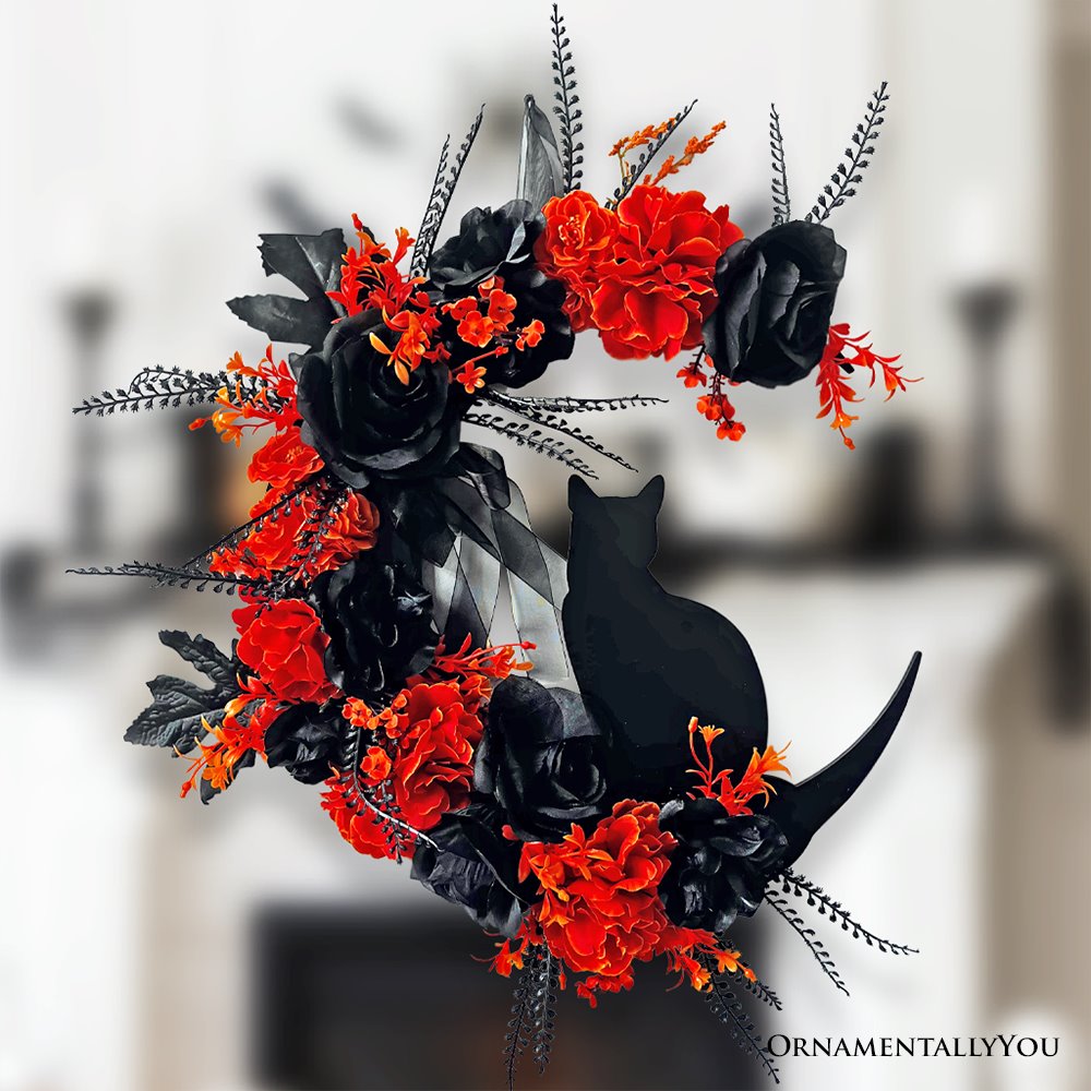 Crescent Moon Floral Black Cat Wreath, 20&#x22; Black and Orange Halloween Door Decoration