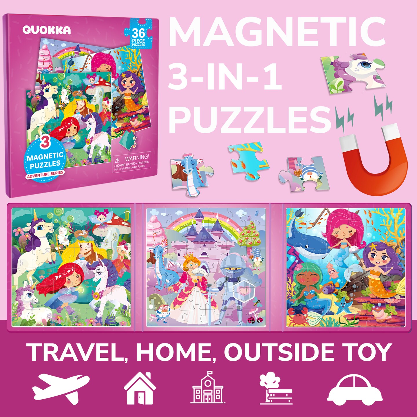QUOKKA Magnetic Puzzles for Kids 4-6 - 36 Pieces Travel Puzzles Games for Kids Ages 3-5 by QUOKKA - Princess Unicorn Car Activities Toy for Girls 2-4 yo - Learning Magnet Gift for Road Trip