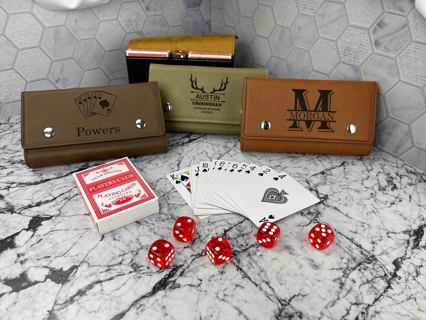 Personalized Playing Card Holder With 2 Decks Of Cards And 5 Dice Groomsmen Gift, Christmas Gift For Dad, Family