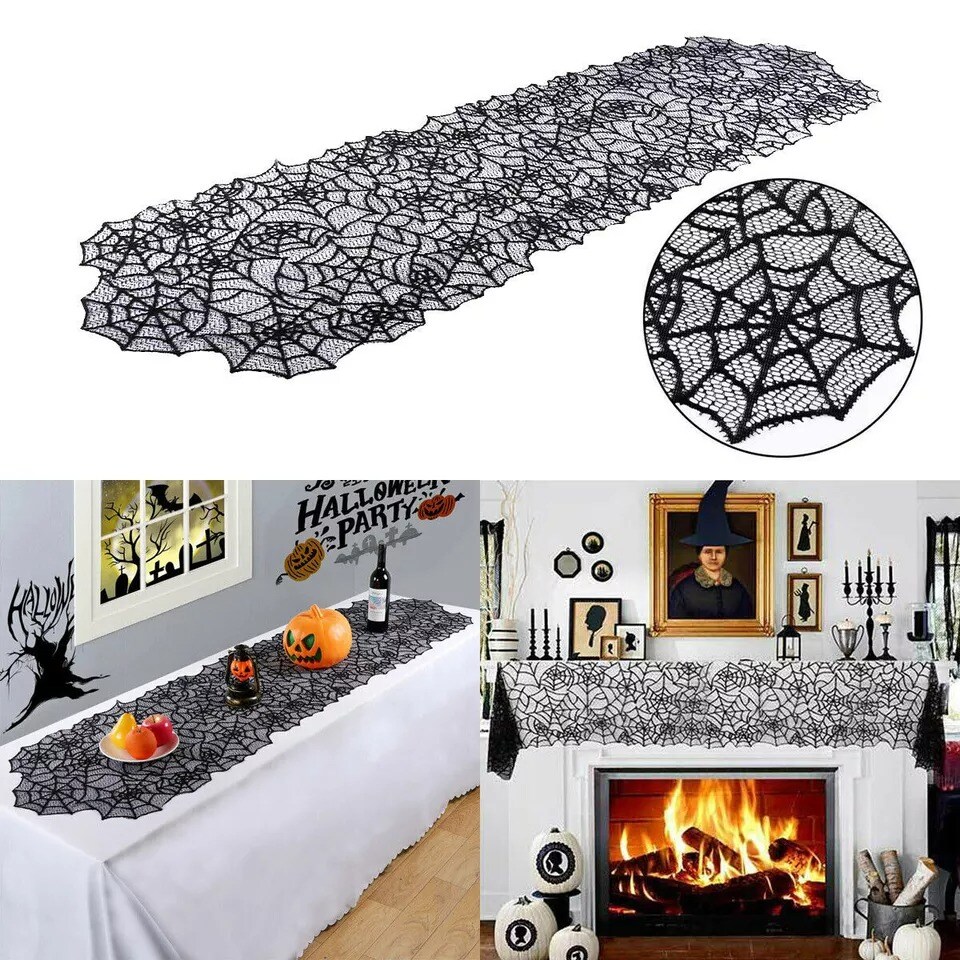 Halloween Lace Table Runner Spider Web Tablecloths Home Decor Fireplace Cover