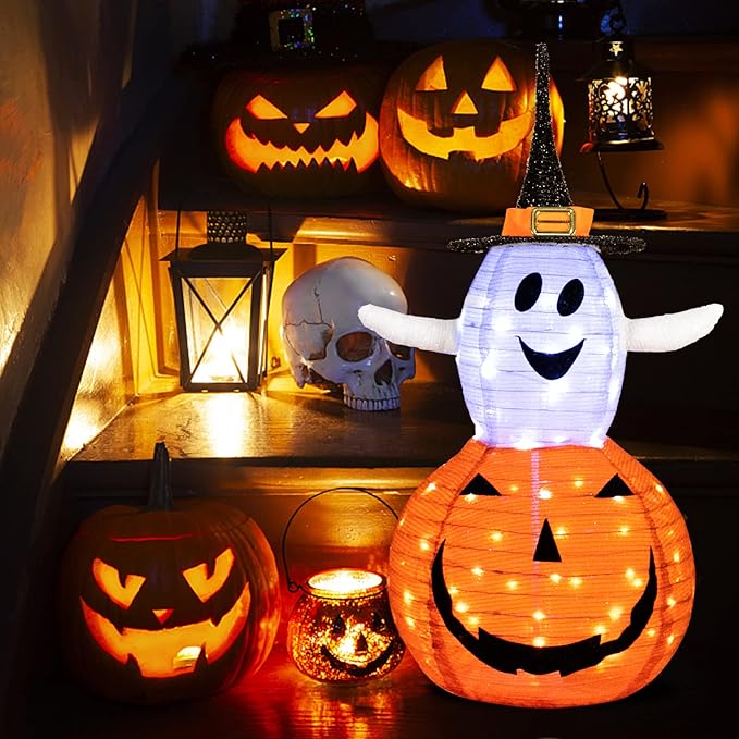 3FT Halloween Collapsible Pumpkin Decorations with 8 Lighted Mode for Outdoor Indoor Garden Yard Porch Home Party Decor(75 LED Light Up)