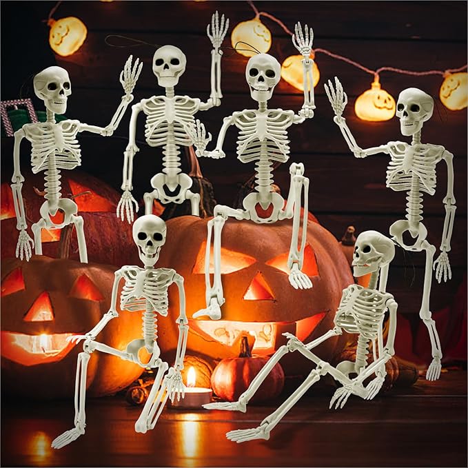 6 PCS Halloween Skeleton Decoration, 16" Small Poseable Skeleton Full Body Skeleton with Movable Joints, Plastic Skeletons for Garden Graveyard Haunted House Party Home Props Decor