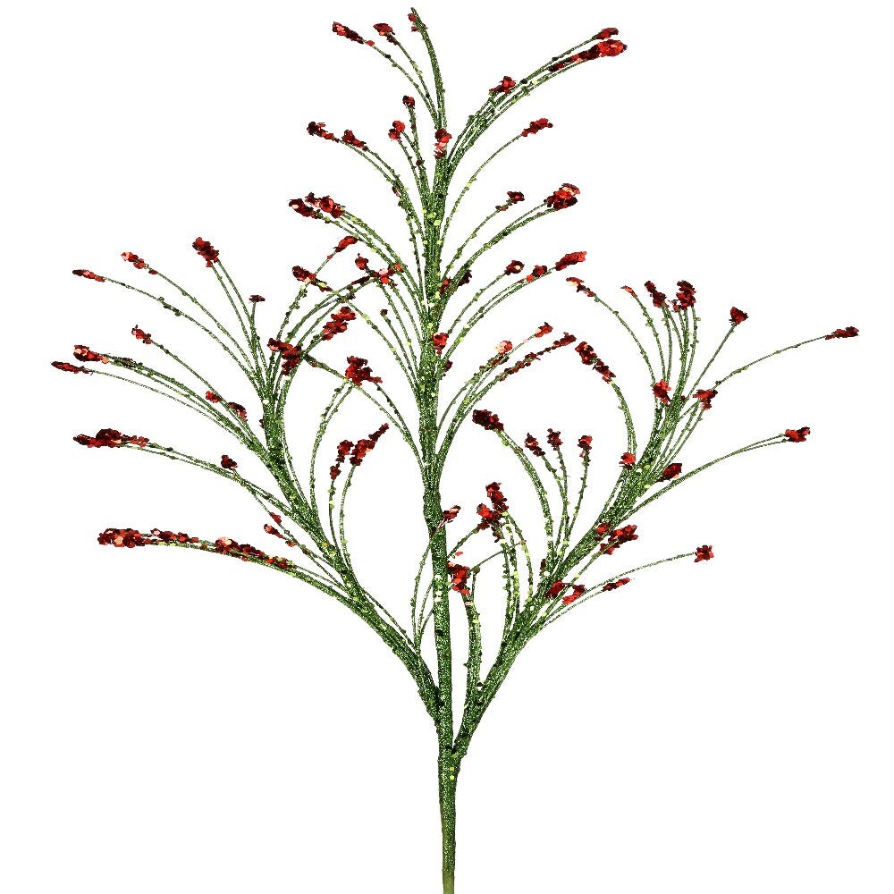 36&#x22; Red and Green Glitter Sequin Tip Grass Spray &#x2013; Festive Christmas Floral Pick