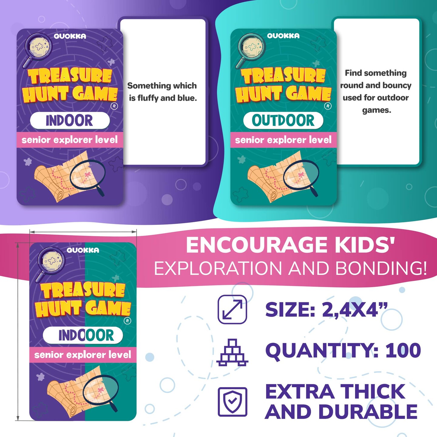 QUOKKA Scavenger Hunt for Kids Ages 4-8 - Treasure Hunting Outdoor Games for Kids 8-12 - 2 Walkie Talkies | 2 Bags | 200 Outdoor &#x26; Indoor Cards | 3 Bracelets