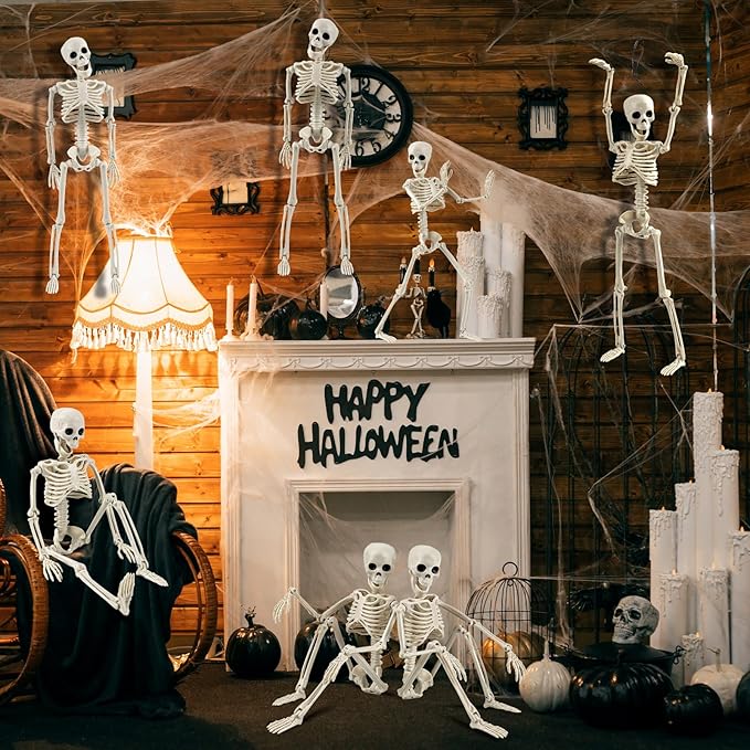 6 Pcs 16IN Halloween Skeleton Decoration, Large Full Body Posable Halloween Hanging Skeleton Decor for Indoor Outdoor Decoration