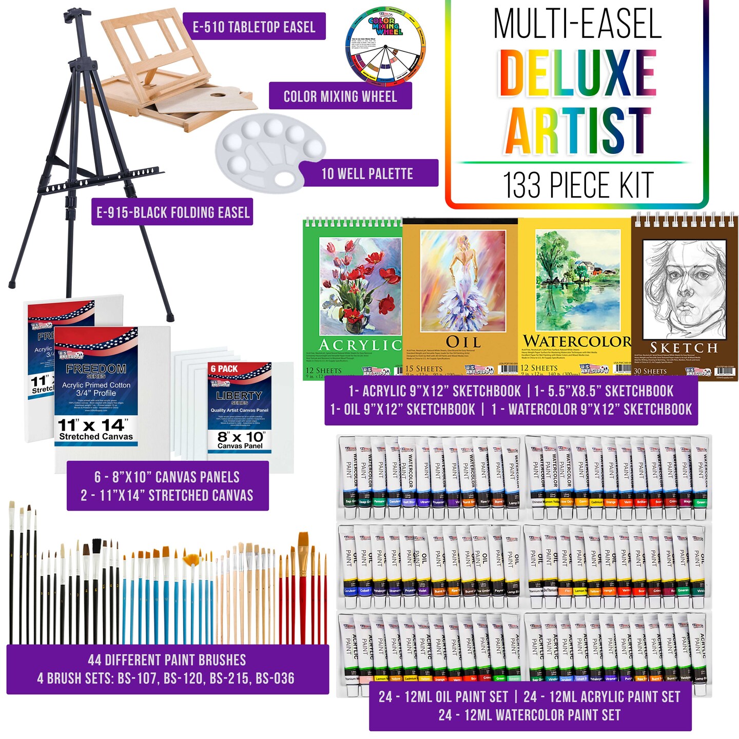 U.S. Art Supply 133-Piece Deluxe Artist Painting Set with Aluminum &#x26; Wood Easels, 72 Paint Colors, 24 Acrylic 24 Oil 24 Watercolor, 8 Canvases, Sketch