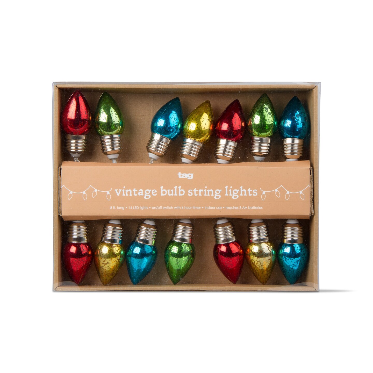 Vintage LED String Lights 14 Count - Multicolor Indoor Decorative Lighting for Christmas and Events, 98 inches Long