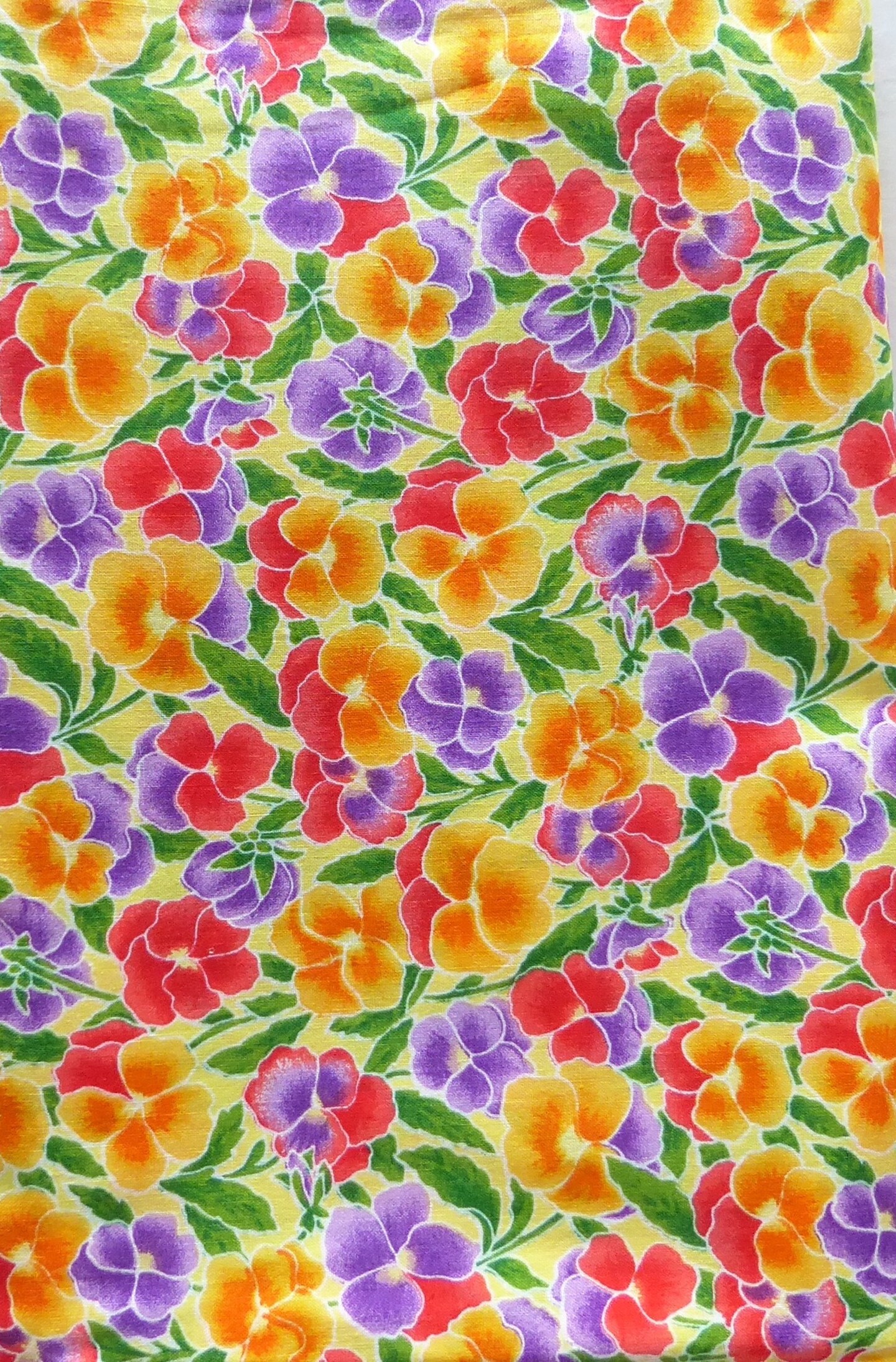 Vintage Pansies Purple Orange Yellow Cotton Fabric Sold by the Yard