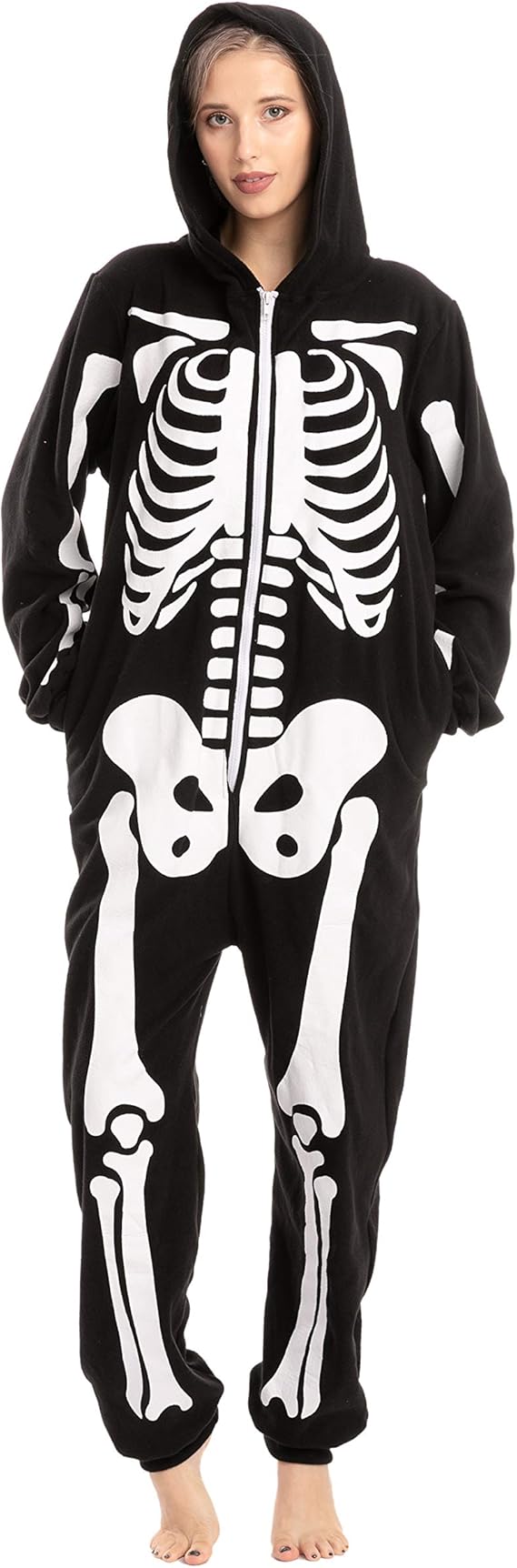 Skeleton Costume, Unisex Adult Skeleton Pajamas Plush Skeleton Hoodie Halloween