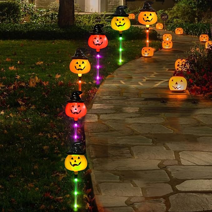 6PCS Halloween Pathway Lights 3 Colors Changing Jack-O-Lantern Markers String Lights for Holiday Home Garden Yard Party Outdoor Decoration