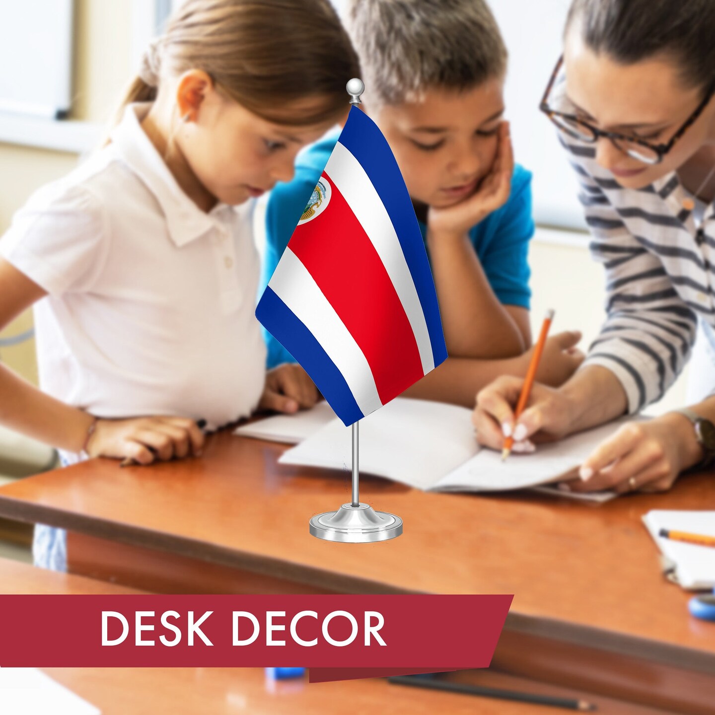 G128 Costa Rica Costa Rican Deluxe Desk Flag Set | 8.5x5.5 In | Printed 300D Polyester, with Silver Dome and Base, 15&#x22; Metal Pole, Decorations For Office, Home and Festival Events Celebration