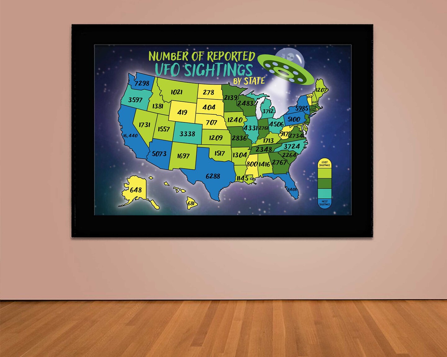 UFO Sightings Map Alien Art Print Flying Saucer UFO Wall Art Paranormal Extraterrestrial UFO Decor Ufologist Great Gift United States Map - image10