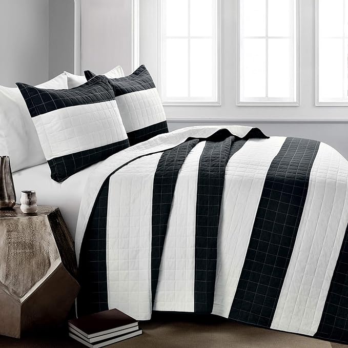 New Berlin Quilt Striped Pattern 3 Piece Bedding Set, Full/Queen, Black &#x26; White