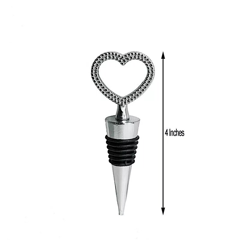 10 Silver Diamond Rhinestones Heart Wine Bottle Stopper Wedding Gift Favors