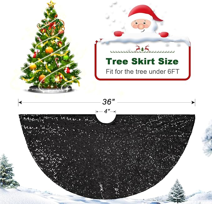 Sequin Tree Skirt for Christmas 36 Inch Black Sparkly Halloween Decoration Thick Satin Backing