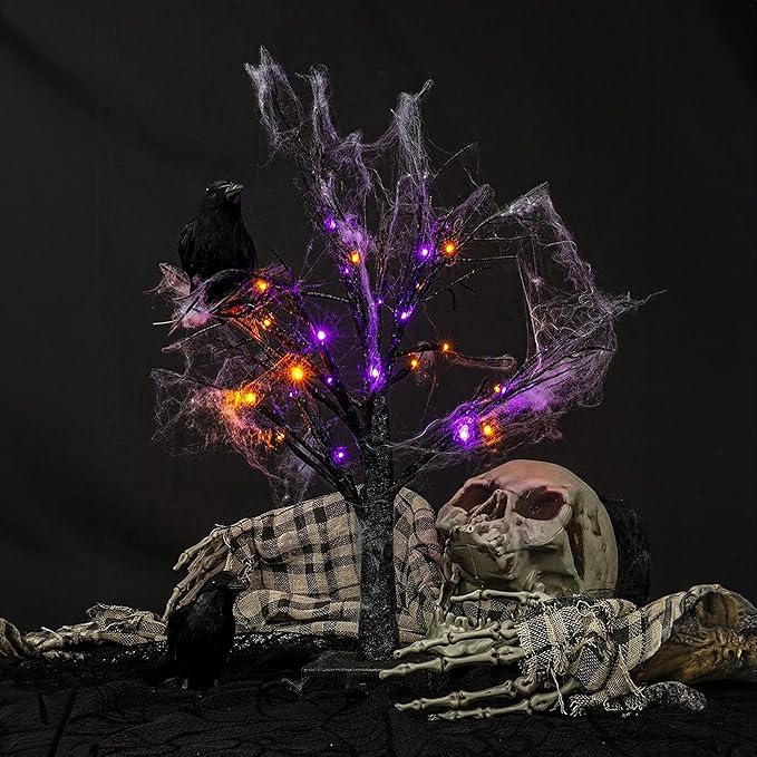 2FT Halloween Battery Operated Tree Lights with Spider Web and Spider, Indoor Table Desktop Holiday Decorations (Purple &#x26; Orange)