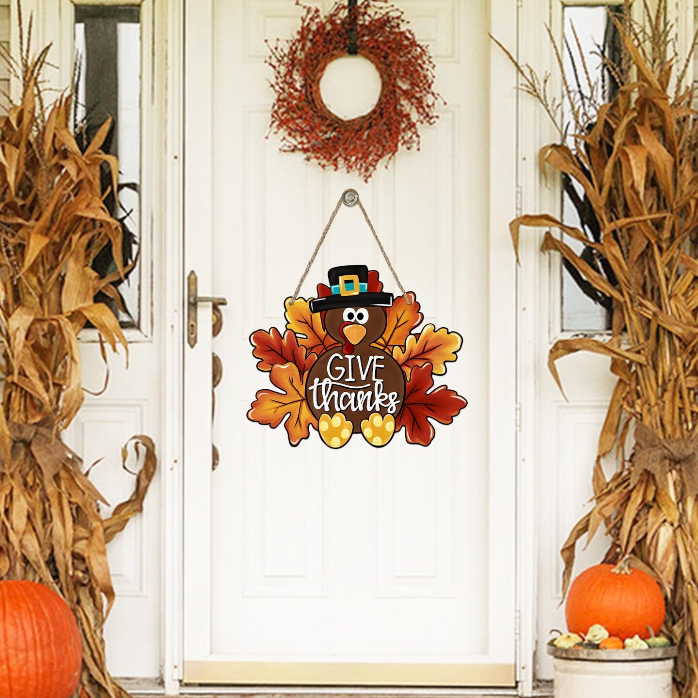 Deroro Give Thanks Sign Turkey Front Door Decor Thanksgiving Day Wood Door Hanger, Fall Wooden Thankful Wreath Hanging Decoration for Outdoor Outside Porch