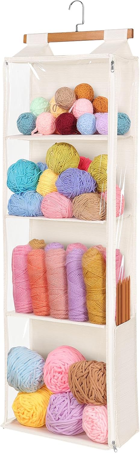 Hanging Yarn Storage Organizer with 4 Clear Compartments(Beige)