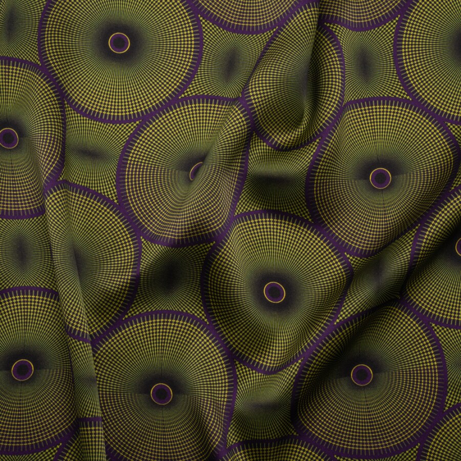 1 Yard Silk Charmeuse Lime Green and Purple Kaleidoscope Circle Print Fabric 44 inch Width