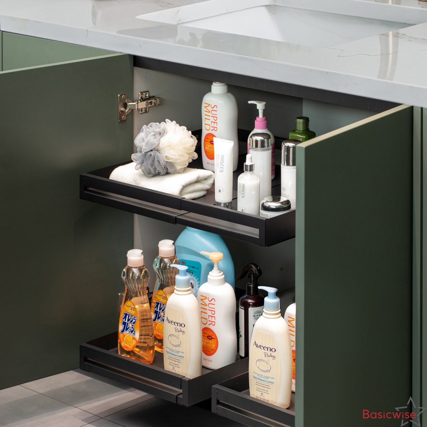 Basicwise Expandable Deep Drawer Organizer Adjustable Pull-Out Cabinet Storage Tray for Kitchen Organization Ideal for Cookware Dinnerware Food Containers Utensils Bakeware & Pantry Essentials
